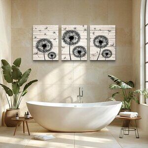 Set of 3 Wall Canvas Painting Art Black 'Dandelion Wish Flowers' Artwork Decor